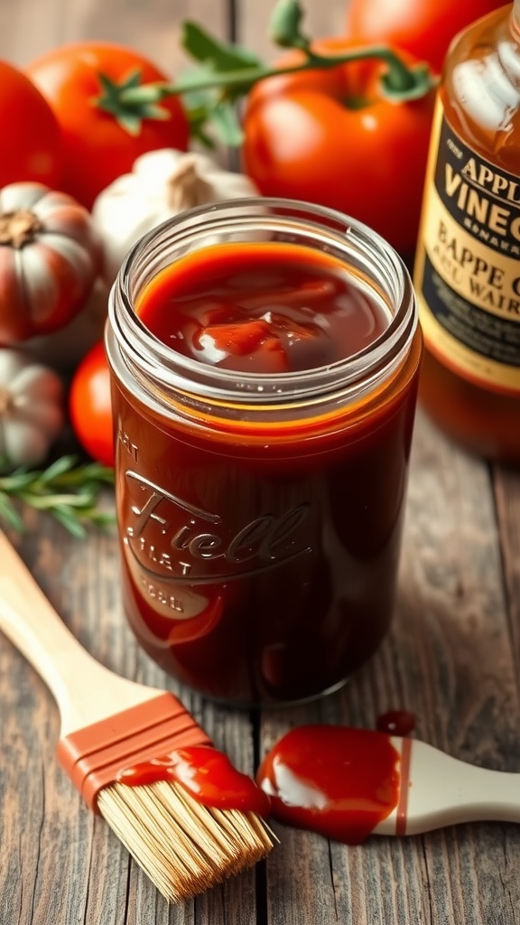 A jar of homemade barbecue sauce with ingredients like tomatoes and garlic on a wooden table.